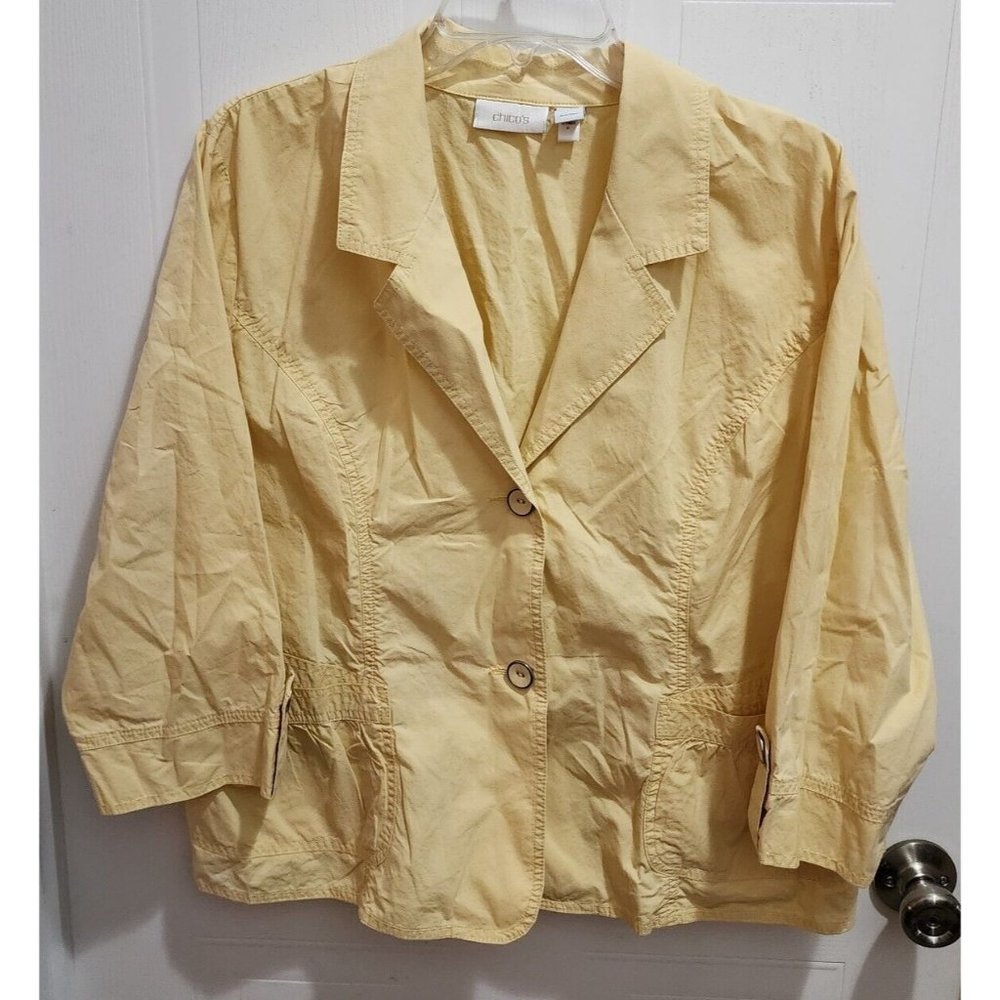 Chicos Womens 3/4 Sleeve Button Up Jacket Blazer Cotton Solid Yellow Size 3 (XL)